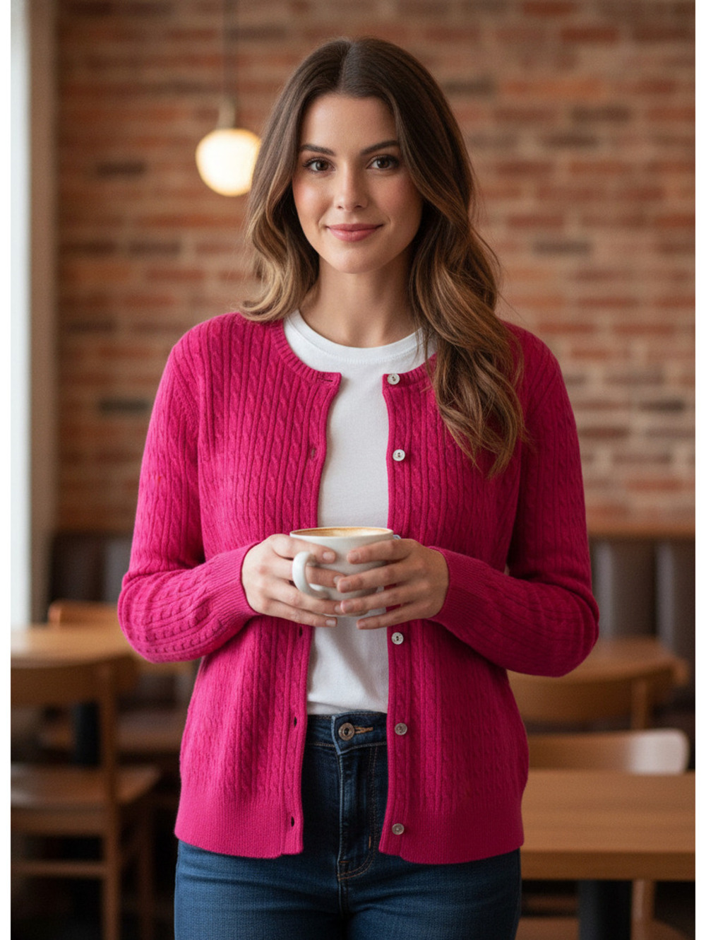 Lands' End Women's Cable Knit Cardigan Sweater - Vibrant Pink Large